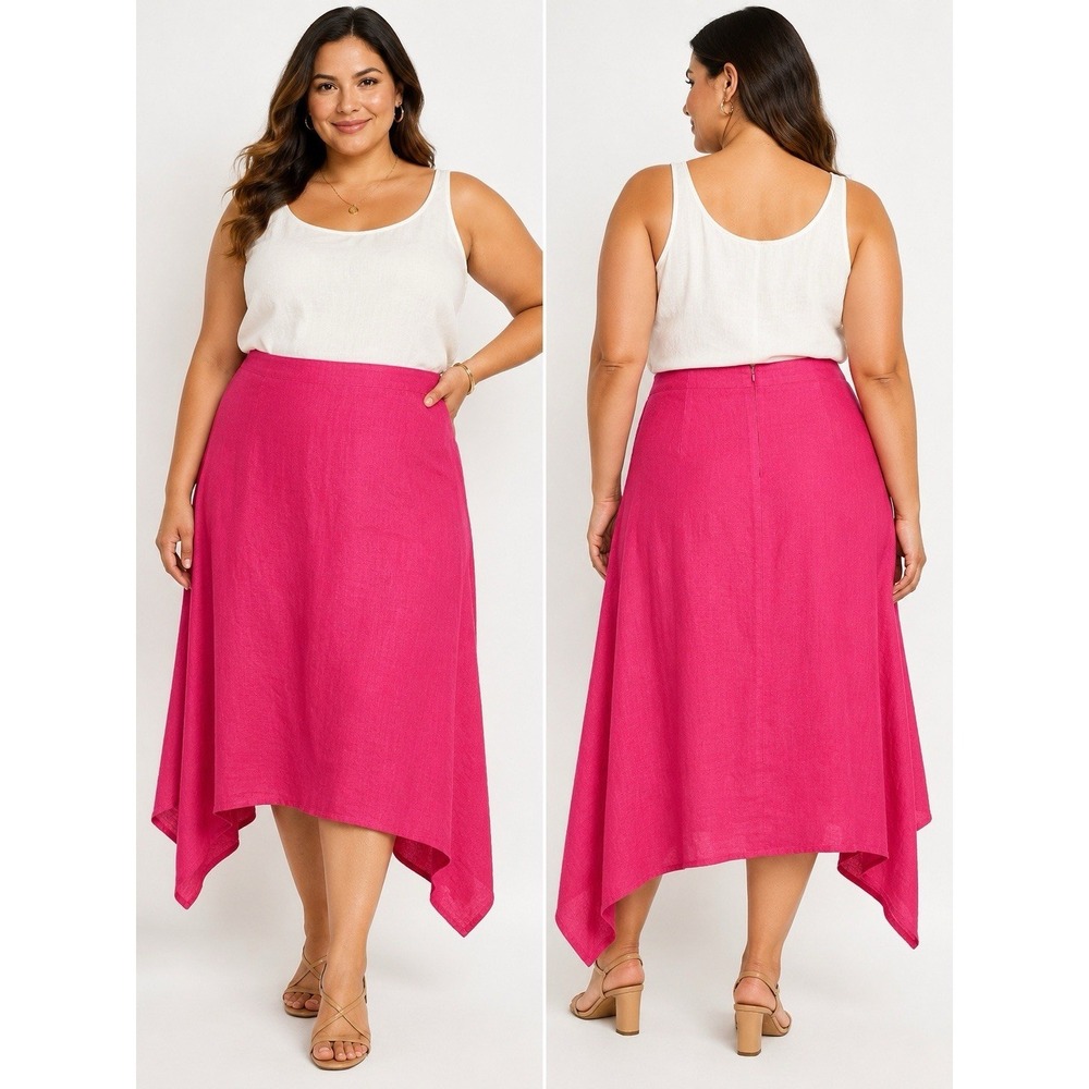Marina Rinaldi Basic 100% Linen Fuchsia Asymmetrical Handkerchief Hem Midi Sz 22
